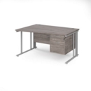 Maestro 25 left hand wave desk 1400mm wide with 2 drawer pedestal - silver cable managed leg frame and grey oak top