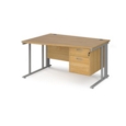 Maestro 25 left hand wave desk 1400mm wide with 2 drawer pedestal - silver cable managed leg frame and oak top