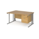 Maestro 25 left hand wave desk 1400mm wide with 2 drawer pedestal - silver cable managed leg frame and oak top