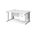 Maestro 25 left hand wave desk 1400mm wide with 2 drawer pedestal - silver cable managed leg frame and white top
