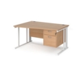 Maestro 25 left hand wave desk 1400mm wide with 2 drawer pedestal - white cable managed leg frame and beech top