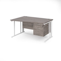 Maestro 25 left hand wave desk 1400mm wide with 2 drawer pedestal - white cable managed leg frame and grey oak top