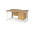 Maestro 25 left hand wave desk 1400mm wide with 2 drawer pedestal - white cable managed leg frame and oak top