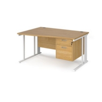 Maestro 25 left hand wave desk 1400mm wide with 2 drawer pedestal - white cable managed leg frame and oak top