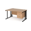 Maestro 25 left hand wave desk 1400mm wide with 3 drawer pedestal - black cable managed leg frame and beech top