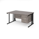 Maestro 25 left hand wave desk 1400mm wide with 3 drawer pedestal - black cable managed leg frame and grey oak top
