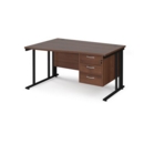 Maestro 25 left hand wave desk 1400mm wide with 3 drawer pedestal - black cable managed leg frame and walnut top