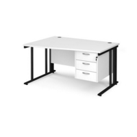 Maestro 25 left hand wave desk 1400mm wide with 3 drawer pedestal - black cable managed leg frame and white top