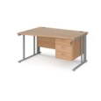 Maestro 25 left hand wave desk 1400mm wide with 3 drawer pedestal - silver cable managed leg frame and beech top