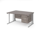 Maestro 25 left hand wave desk 1400mm wide with 3 drawer pedestal - silver cable managed leg frame and grey oak top