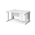Maestro 25 left hand wave desk 1400mm wide with 3 drawer pedestal - silver cable managed leg frame and white top