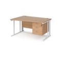 Maestro 25 left hand wave desk 1400mm wide with 3 drawer pedestal - white cable managed leg frame and beech top