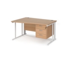 Maestro 25 left hand wave desk 1400mm wide with 3 drawer pedestal - white cable managed leg frame and beech top