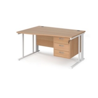Maestro 25 left hand wave desk 1400mm wide with 3 drawer pedestal - white cable managed leg frame and beech top
