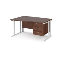 Maestro 25 left hand wave desk 1400mm wide with 3 drawer pedestal - white cable managed leg frame and walnut top