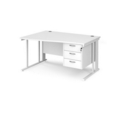 Maestro 25 left hand wave desk 1400mm wide with 3 drawer pedestal - white cable managed leg frame and white top