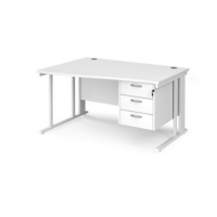 Maestro 25 left hand wave desk 1400mm wide with 3 drawer pedestal - white cable managed leg frame and white top