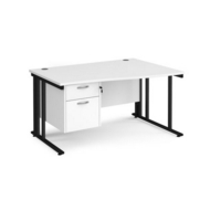 Maestro 25 right hand wave desk 1400mm wide with 2 drawer pedestal - black cable managed leg frame and white top