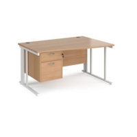 Maestro 25 right hand wave desk 1400mm wide with 2 drawer pedestal - white cable managed leg frame and beech top