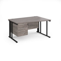 Maestro 25 right hand wave desk 1400mm wide with 3 drawer pedestal - black cable managed leg frame and grey oak top