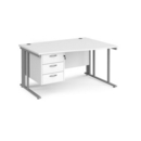 Maestro 25 right hand wave desk 1400mm wide with 3 drawer pedestal - silver cable managed leg frame and white top