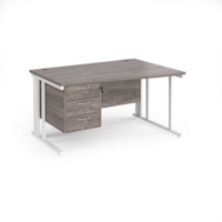 Maestro 25 right hand wave desk 1400mm wide with 3 drawer pedestal - white cable managed leg frame and grey oak top