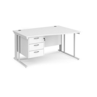 Maestro 25 right hand wave desk 1400mm wide with 3 drawer pedestal - white cable managed leg frame and white top