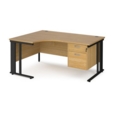 Maestro 25 left hand ergonomic desk 1600mm wide with 2 drawer pedestal - black cable managed leg frame and oak top