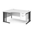 Maestro 25 left hand ergonomic desk 1600mm wide with 2 drawer pedestal - black cable managed leg frame and white top