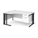 Maestro 25 left hand ergonomic desk 1600mm wide with 2 drawer pedestal - black cable managed leg frame and white top