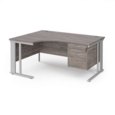 Maestro 25 left hand ergonomic desk 1600mm wide with 2 drawer pedestal - silver cable managed leg frame and grey oak top