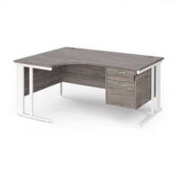Maestro 25 left hand ergonomic desk 1600mm wide with 2 drawer pedestal - white cable managed leg frame and grey oak top