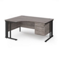 Maestro 25 left hand ergonomic desk 1600mm wide with 3 drawer pedestal - black cable managed leg frame and grey oak top