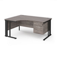 Maestro 25 left hand ergonomic desk 1600mm wide with 3 drawer pedestal - black cable managed leg frame and grey oak top