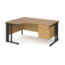 Maestro 25 left hand ergonomic desk 1600mm wide with 3 drawer pedestal - black cable managed leg frame and oak top