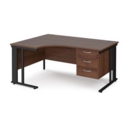 Maestro 25 left hand ergonomic desk 1600mm wide with 3 drawer pedestal - black cable managed leg frame and walnut top