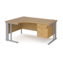 Maestro 25 left hand ergonomic desk 1600mm wide with 3 drawer pedestal - silver cable managed leg frame and oak top
