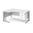 Maestro 25 left hand ergonomic desk 1600mm wide with 3 drawer pedestal - silver cable managed leg frame and white top
