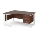 Maestro 25 left hand ergonomic desk 1600mm wide with 3 drawer pedestal - white cable managed leg frame and walnut top