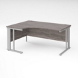 Maestro 25 left hand ergonomic desk 1600mm wide - silver cable managed leg frame and grey oak top