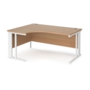 Maestro 25 left hand ergonomic desk 1600mm wide - white cable managed leg frame and beech top