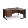 Maestro 25 right hand ergonomic desk 1600mm wide with 2 drawer pedestal - black cable managed leg frame and walnut top