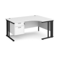 Maestro 25 right hand ergonomic desk 1600mm wide with 2 drawer pedestal - black cable managed leg frame and white top