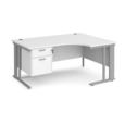 Maestro 25 right hand ergonomic desk 1600mm wide with 2 drawer pedestal - silver cable managed leg frame and white top