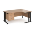 Maestro 25 right hand ergonomic desk 1600mm wide with 3 drawer pedestal - black cable managed leg frame and beech top