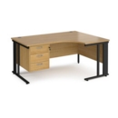 Maestro 25 right hand ergonomic desk 1600mm wide with 3 drawer pedestal - black cable managed leg frame and oak top