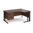 Maestro 25 right hand ergonomic desk 1600mm wide with 3 drawer pedestal - black cable managed leg frame and walnut top