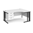Maestro 25 right hand ergonomic desk 1600mm wide with 3 drawer pedestal - black cable managed leg frame and white top
