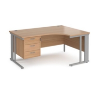 Maestro 25 right hand ergonomic desk 1600mm wide with 3 drawer pedestal - silver cable managed leg frame and beech top