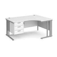 Maestro 25 right hand ergonomic desk 1600mm wide with 3 drawer pedestal - silver cable managed leg frame and white top